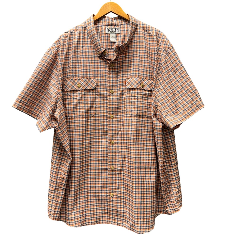 Duluth Trading Button Down Shirt Mens 4XL Relaxed Fit Orange Plaid Short Sleeve